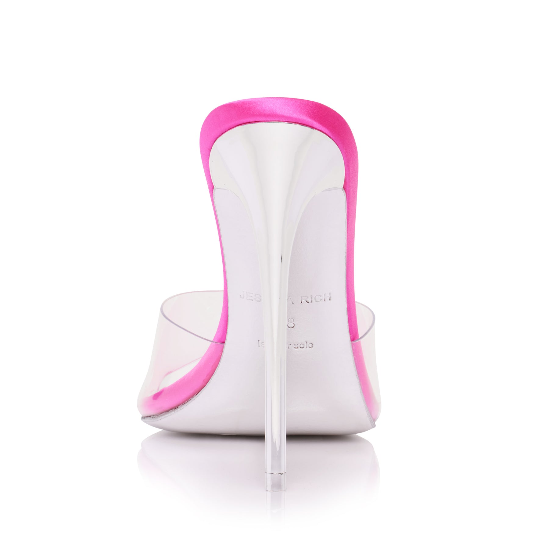 Back of the pink Racy Mule high heels from luxury women’s shoe brand Jessica Rich.