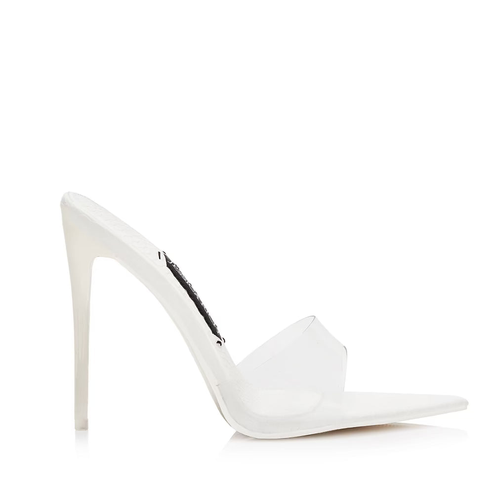 Profile view of the white Racy Mule designer high heels from Jessica Rich.