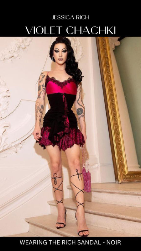 VIOLET CHACHKI WEARING THE RICH SANDAL NOIR