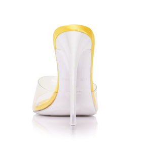 Back of the yellow Racy Mule high heels from luxury women’s shoe brand Jessica Rich.
