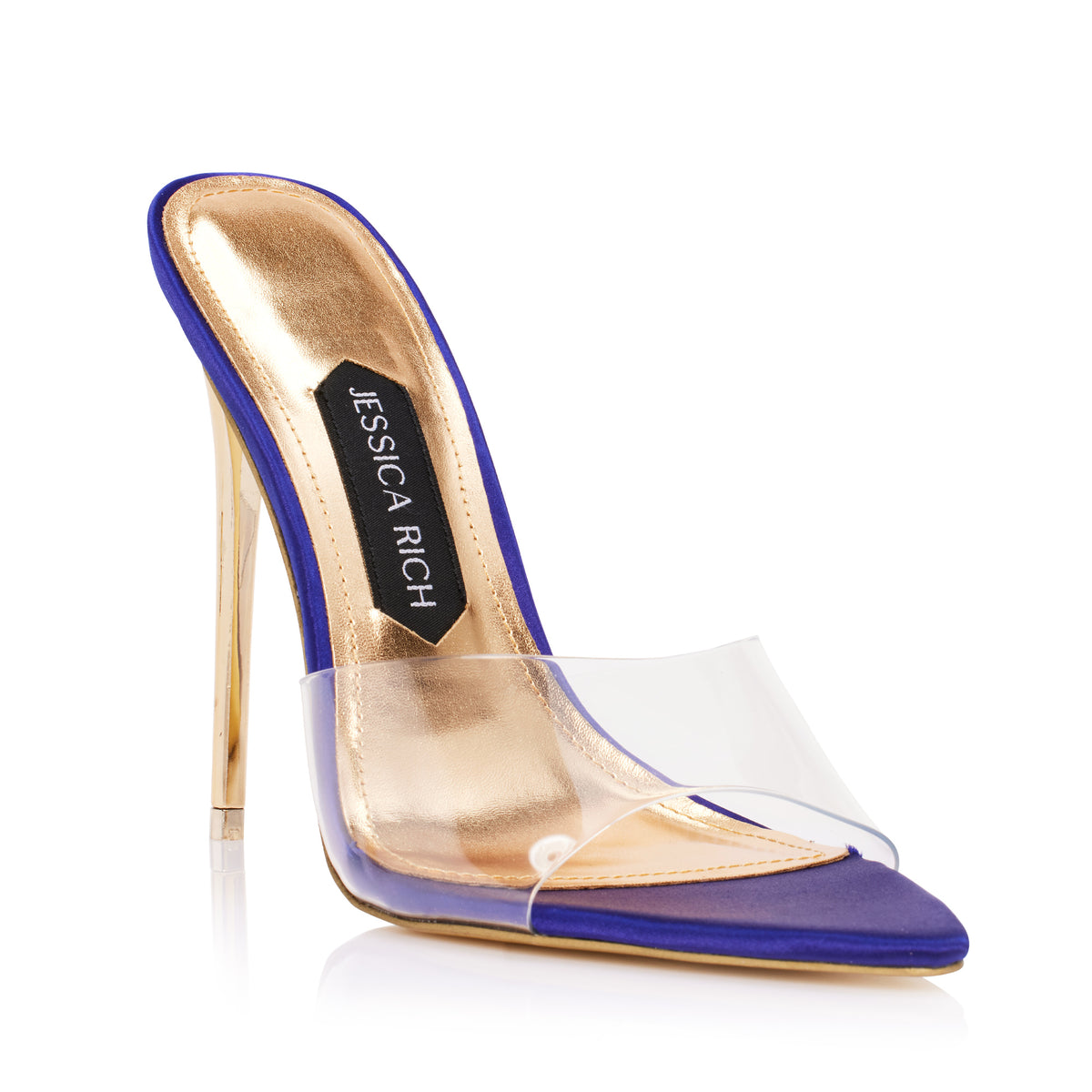 View of the satin purple Racy Mule high heels from luxury women’s shoe brand Jessica Rich from an angle.