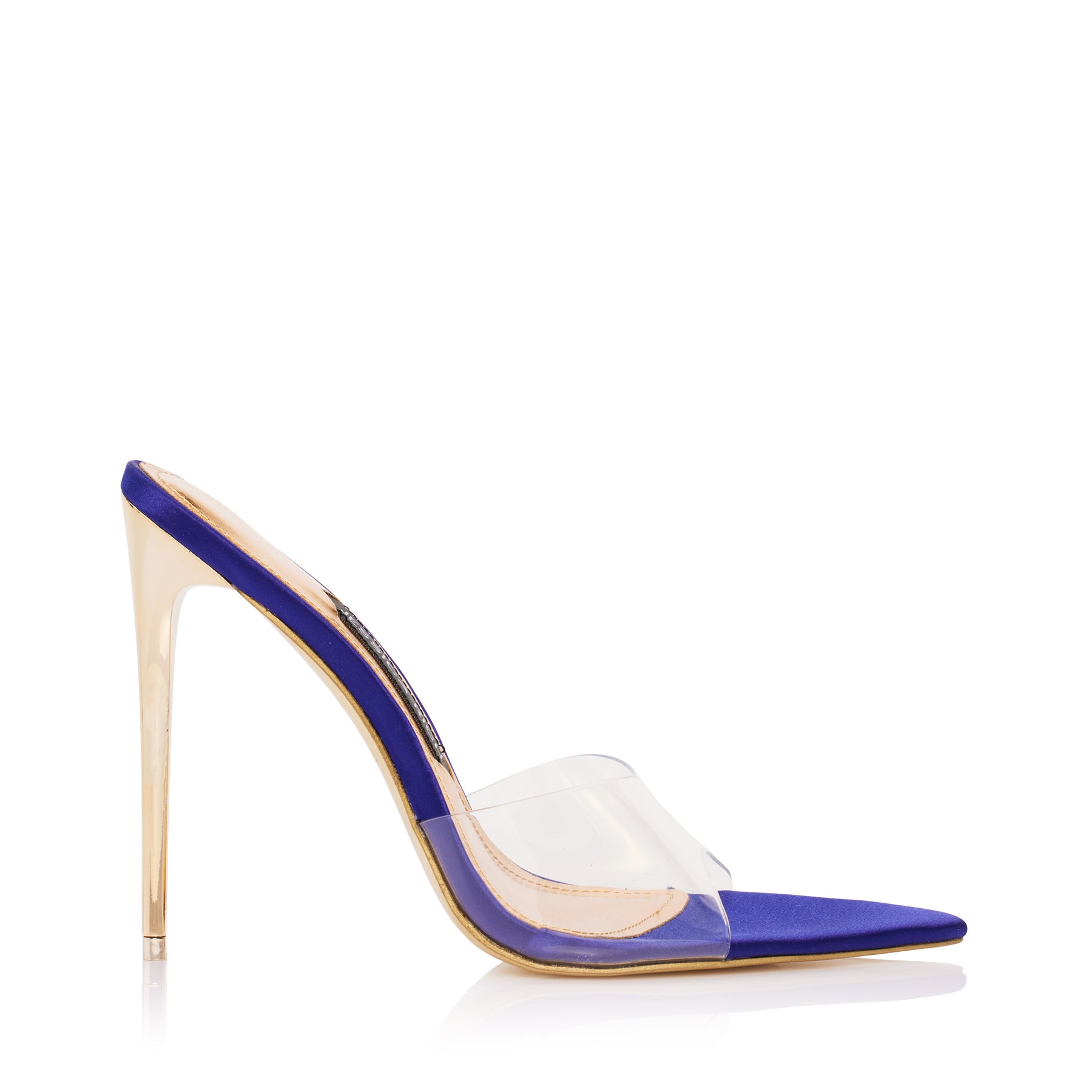 Profile of the satin purple Racy Mule high heels from luxury women’s shoe brand Jessica Rich.