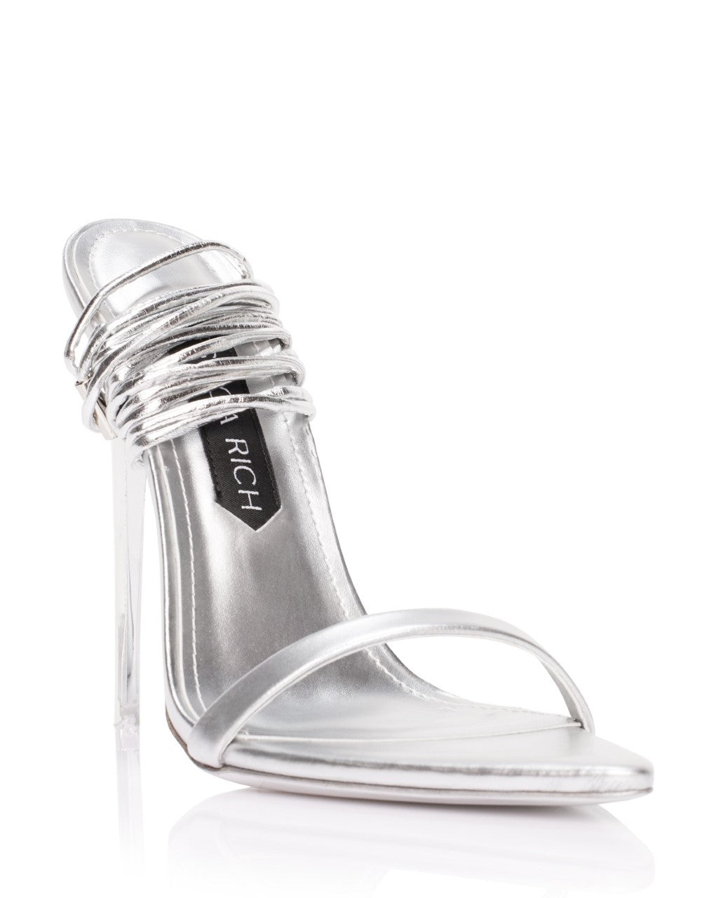 Profile view of the silver Rich Sandal luxury high heels from Jessica Rich.