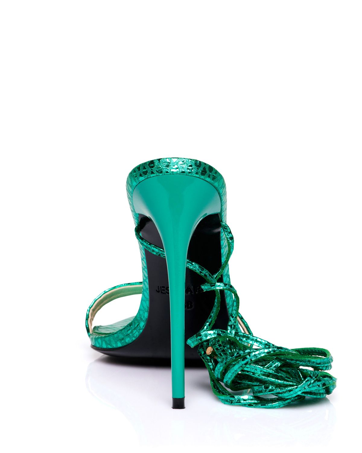  Rear view of the green Rich Sandal luxury high heels from Jessica Rich.