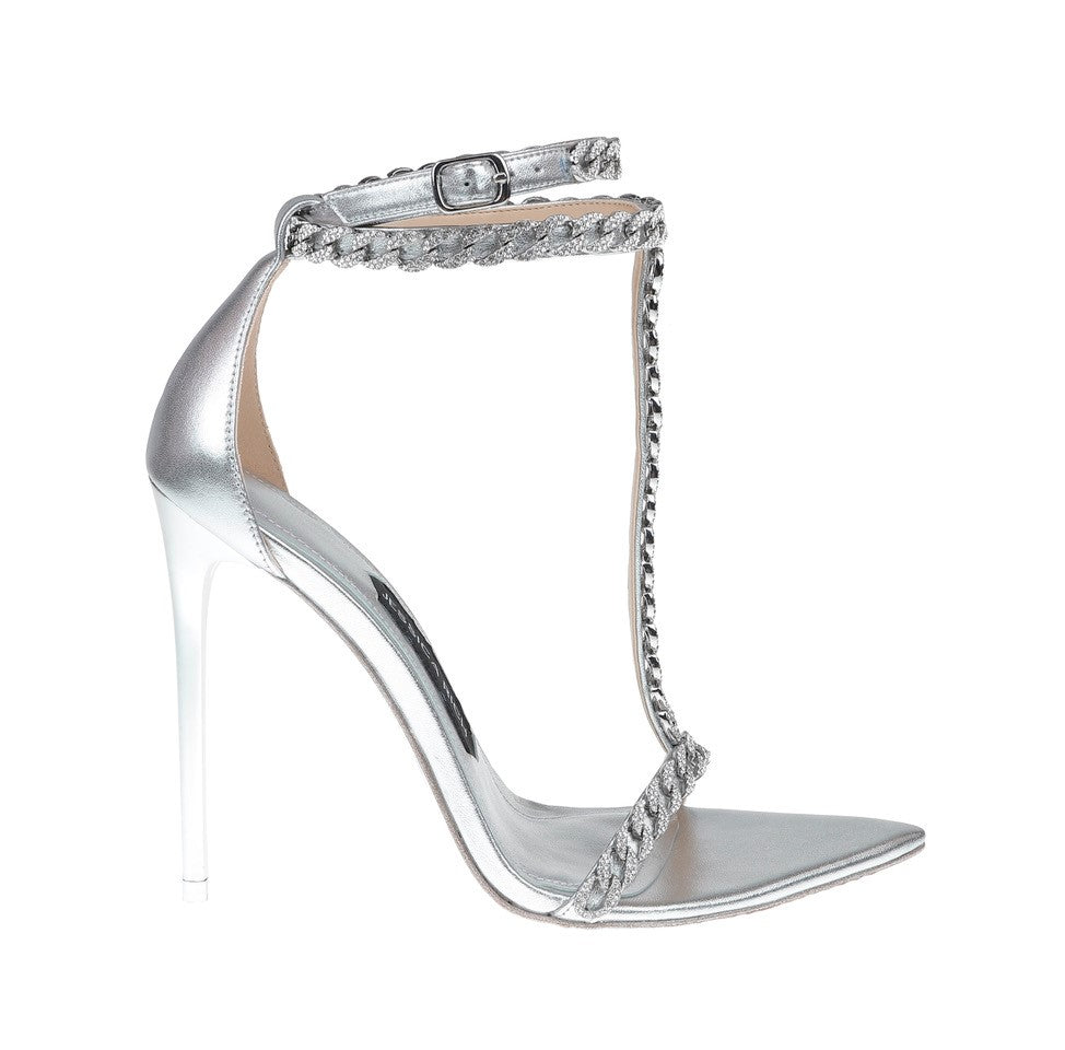 Profile view of the Luxe Sandal designer high heels in silver from Jessica Rich.