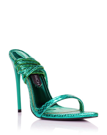 The green Rich Sandal luxury high heels from Jessica Rich at an angle.