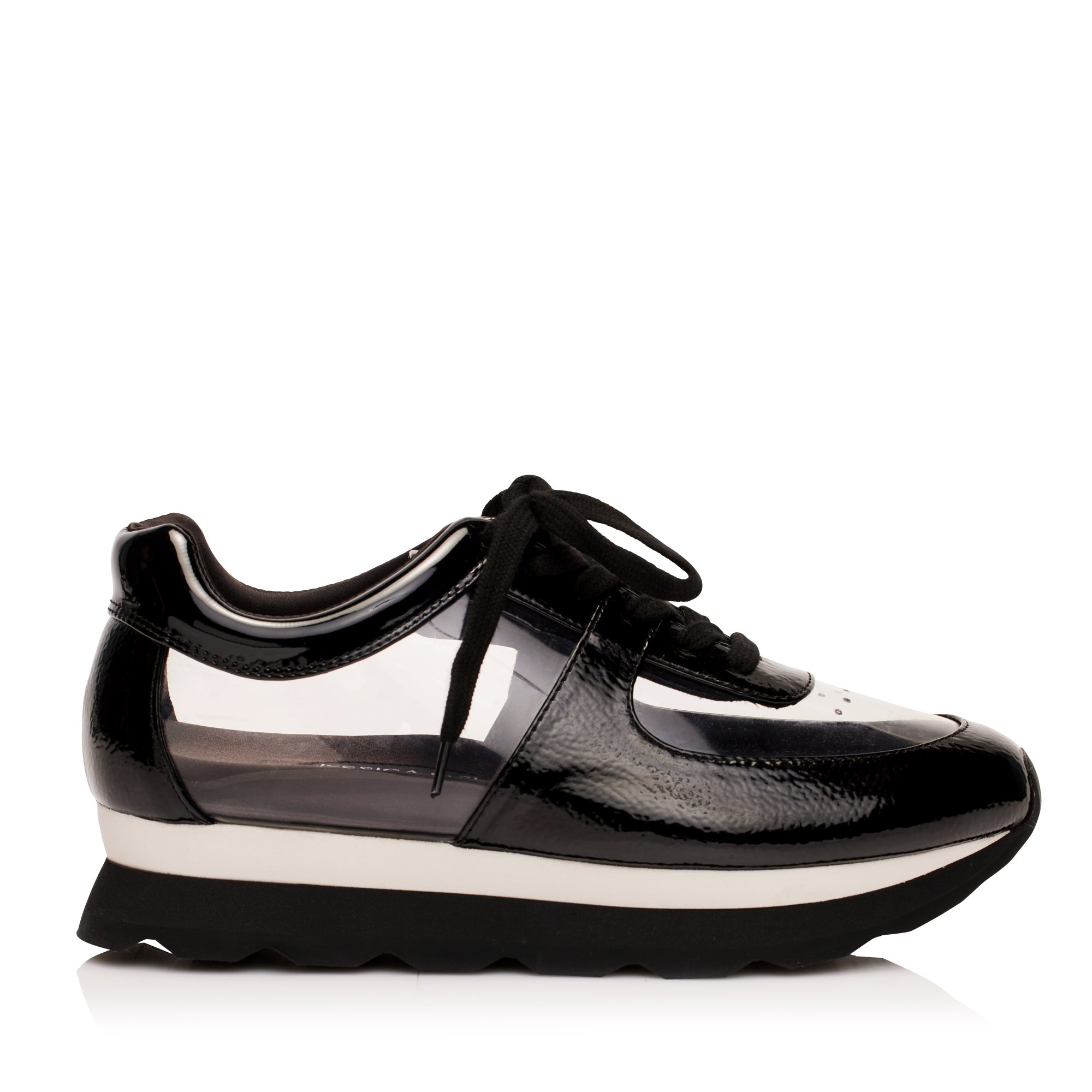 Profile of the glass sneakers from luxury women’s shoe brand Jessica Rich.