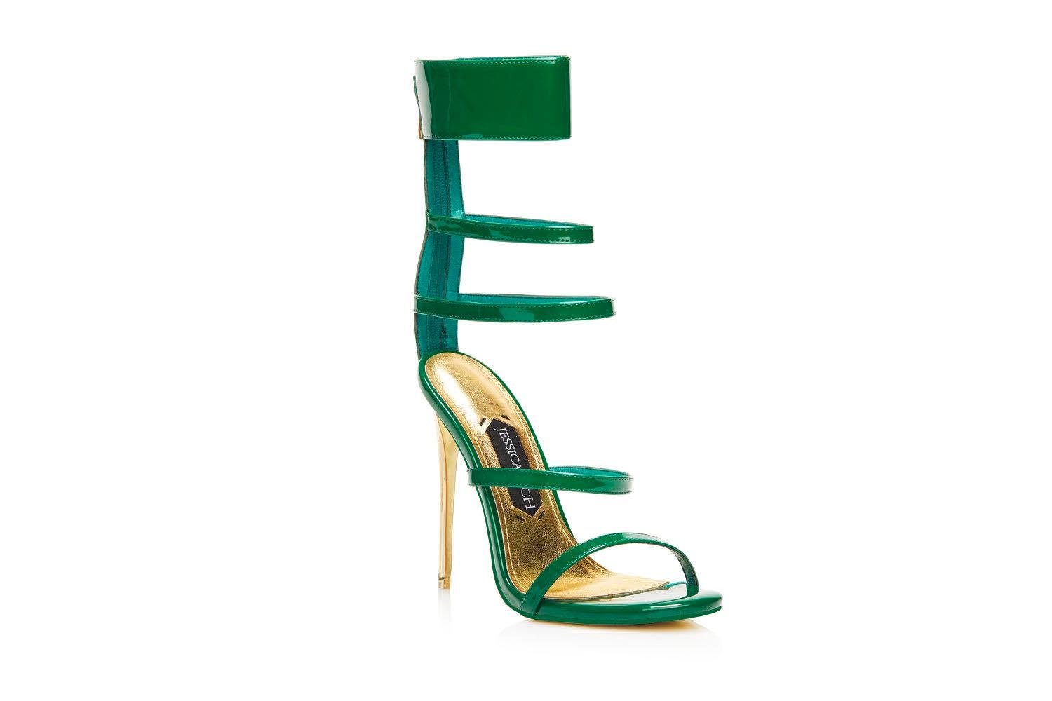 The green Goddess Sandals from luxury women's high heel brand Jessica Rich at an angle.
