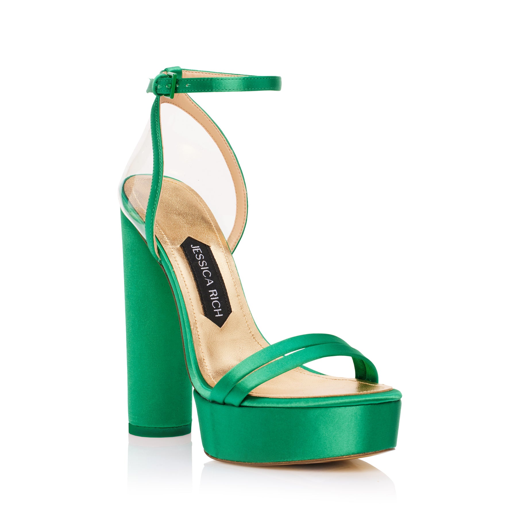 View of the Platform Sandal luxury high heels from Jessica Rich in green from an angle where you can see the inside of the sandal.