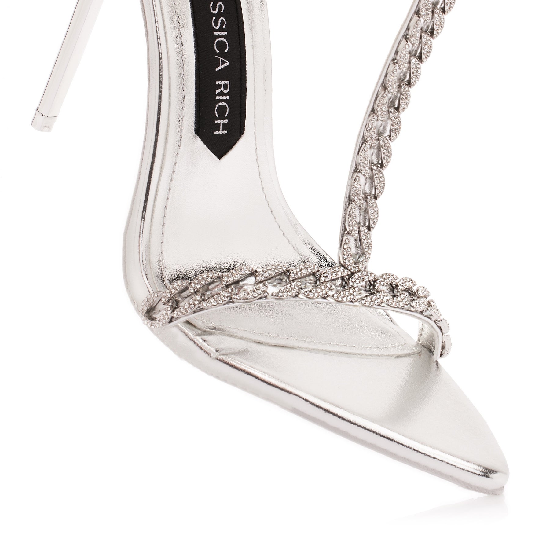 Close up of the Luxe Sandal designer high heels in silver from Jessica Rich.