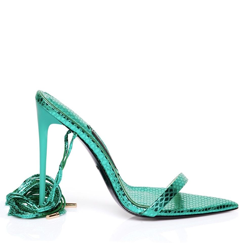 Profile view of the green Rich Sandal luxury high heels from Jessica Rich.