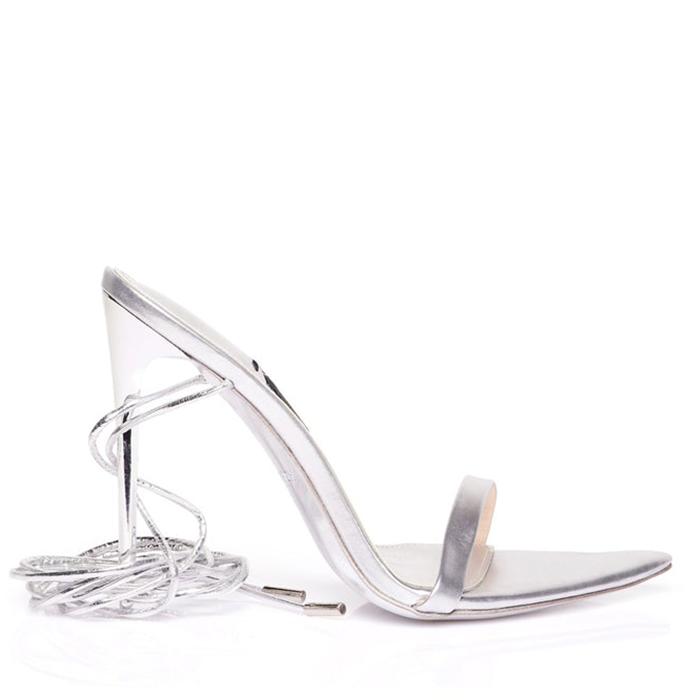 Profile view of the silver Rich Sandal luxury high heels from Jessica Rich.